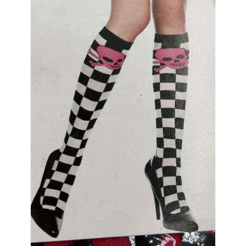 Music Legs Women's Punk Gothic Opaque Black With Pink Skulls Knee High Funky